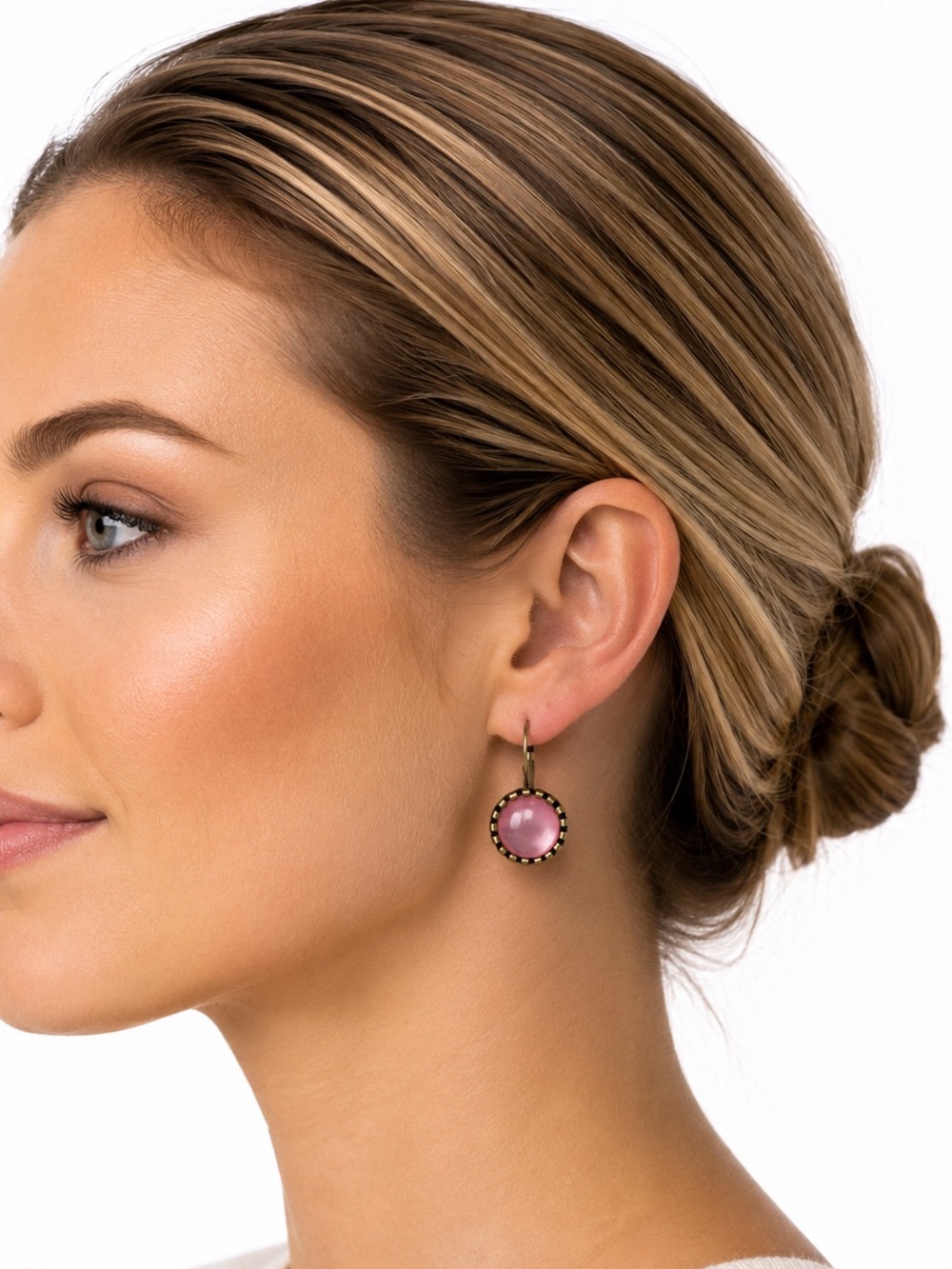 Pink Glass Cabochon Drop Earrings - bronze setting